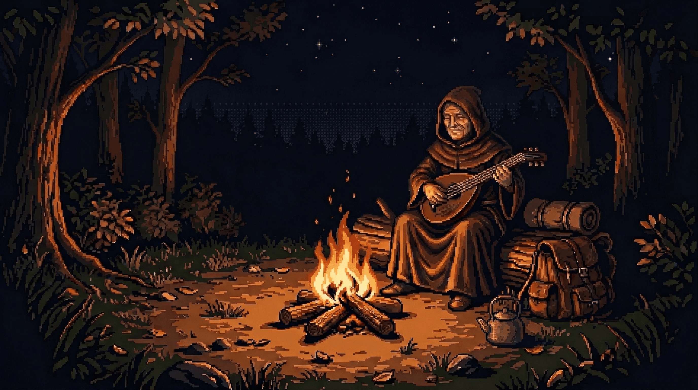 The Wise Bard playing lute by a campfire in the forest